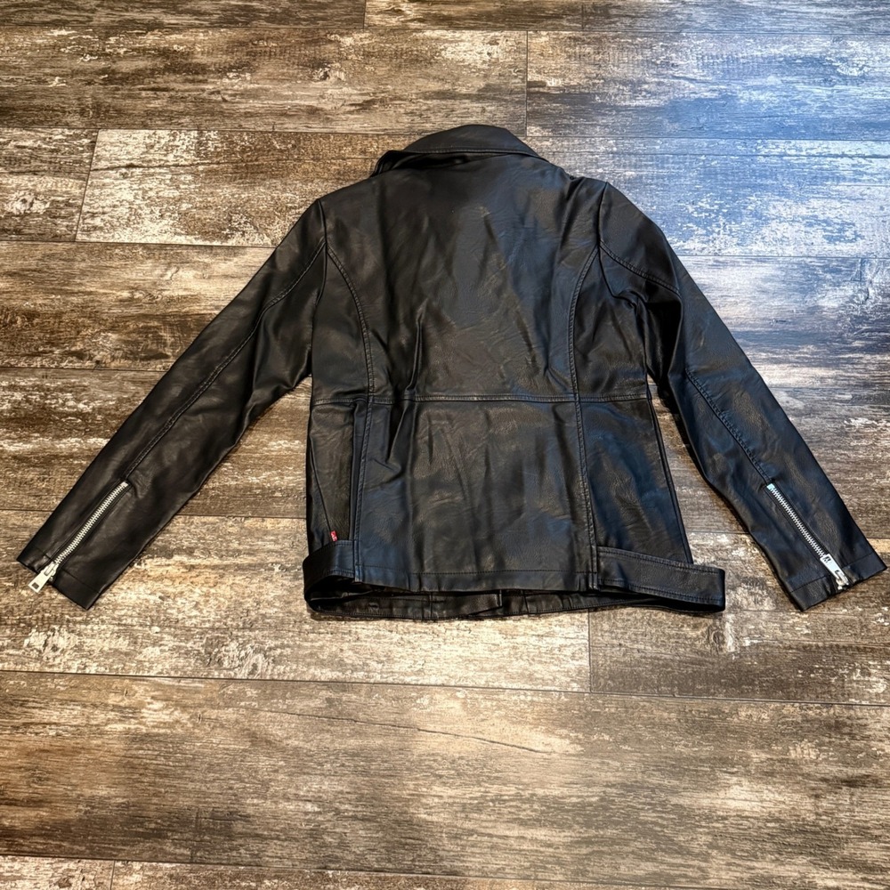 Levi Strauss & Co. Black Faux‎ Leather Moto Jacket Gray Hoodie Womens Medium NEW - Picture 12 of 16